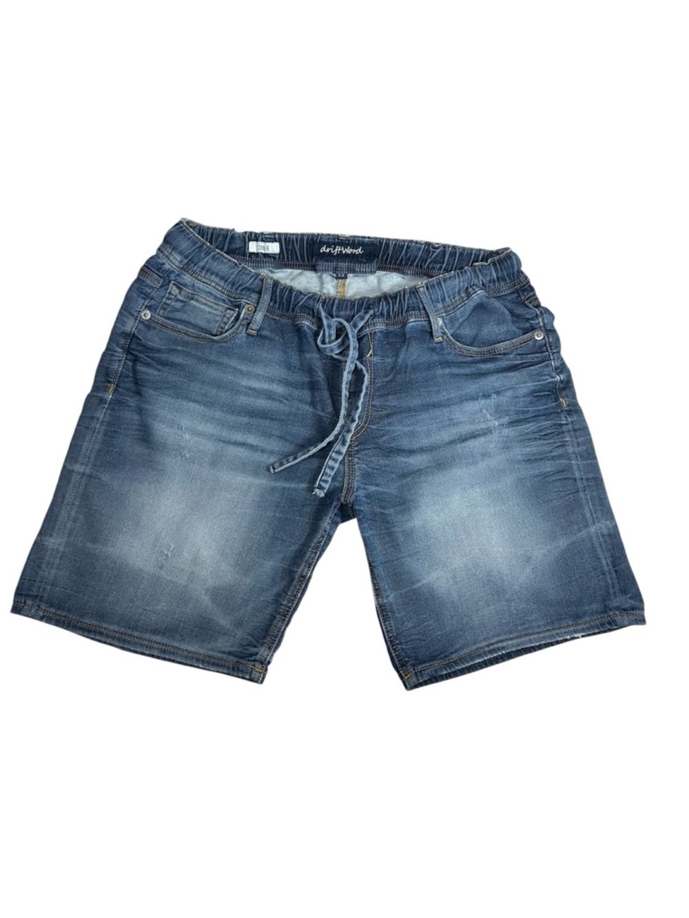 Driftwood Connie‎ Medium Wash Distress Elastic Waist Drawstring Jean Shorts 32